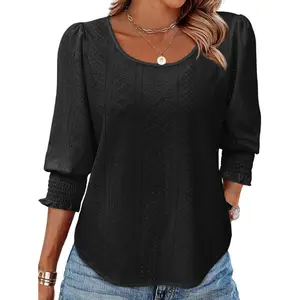 Aoyksy Womens 3/4 Length Sleeve Ladies Tops and Blouses Casual Eyelet Top Crewneck Dressy Shirts with Smocked Cuffs 2026