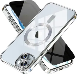 Magnetic for iPhone 14 Case with Privacy Screen Protector & Full Camera Cover,[Non-Yellowing] Shockproof Clear Soft Phone Case Compatible with MagSafe Women Girls for iPhone 14,Silver
