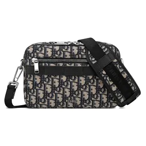 DIOR Safari Messenger Bag with Metal-Coated Brass Logo and Two-Way Zipper Closure in Beige/Black