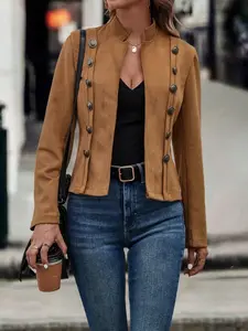 Women's Solid Color Double Button Suede Fitted Jacket Coats, Casual Chic Long Sleeve Stand Collar Outerwear for Fall & Winter, Ladies Clothes for Daily Wear