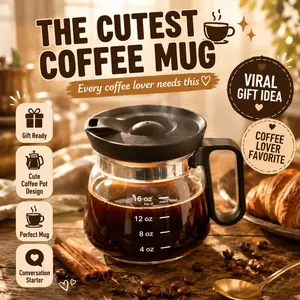 Perfect Life Ideas Glass Coffee Mug in Coffee Pot Shape with Lid – 16oz Reusable Clear Glass Coffee Cup, Spill-Proof Carafe Style Mug with Handle, Cute Novelty Gift for Coffee Lovers, Office & Home Hot Beverage Drinkware