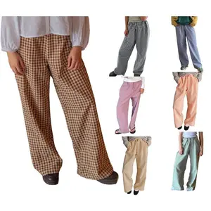 Women Y2K Gingham Print Pants Elastic Waist Dreawstring Wide Leg Trousers Striped Casual Lounge Pants with Pockets