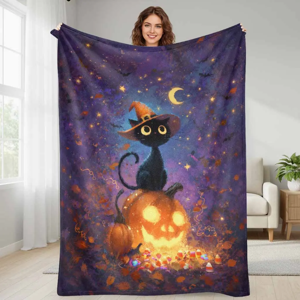 Halloween Black Cat Witch Hat Pumpkin Flannel Throw Blanket - Super Soft, Cozy, Lightweight, Breathable, Warm, Durable, Plush, Fuzzy - Ideal for Autumn Decor, Living Room Sofa Bed, Gift for Home Bedding Accessories