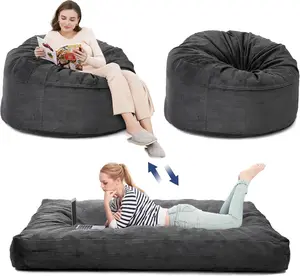 Giant Convertible Corduroy Bean Bag Chair Bed - Washable Cover, Beanbag Sleeper Sofa Indoor Floor Furniture for Adults - Dark Grey