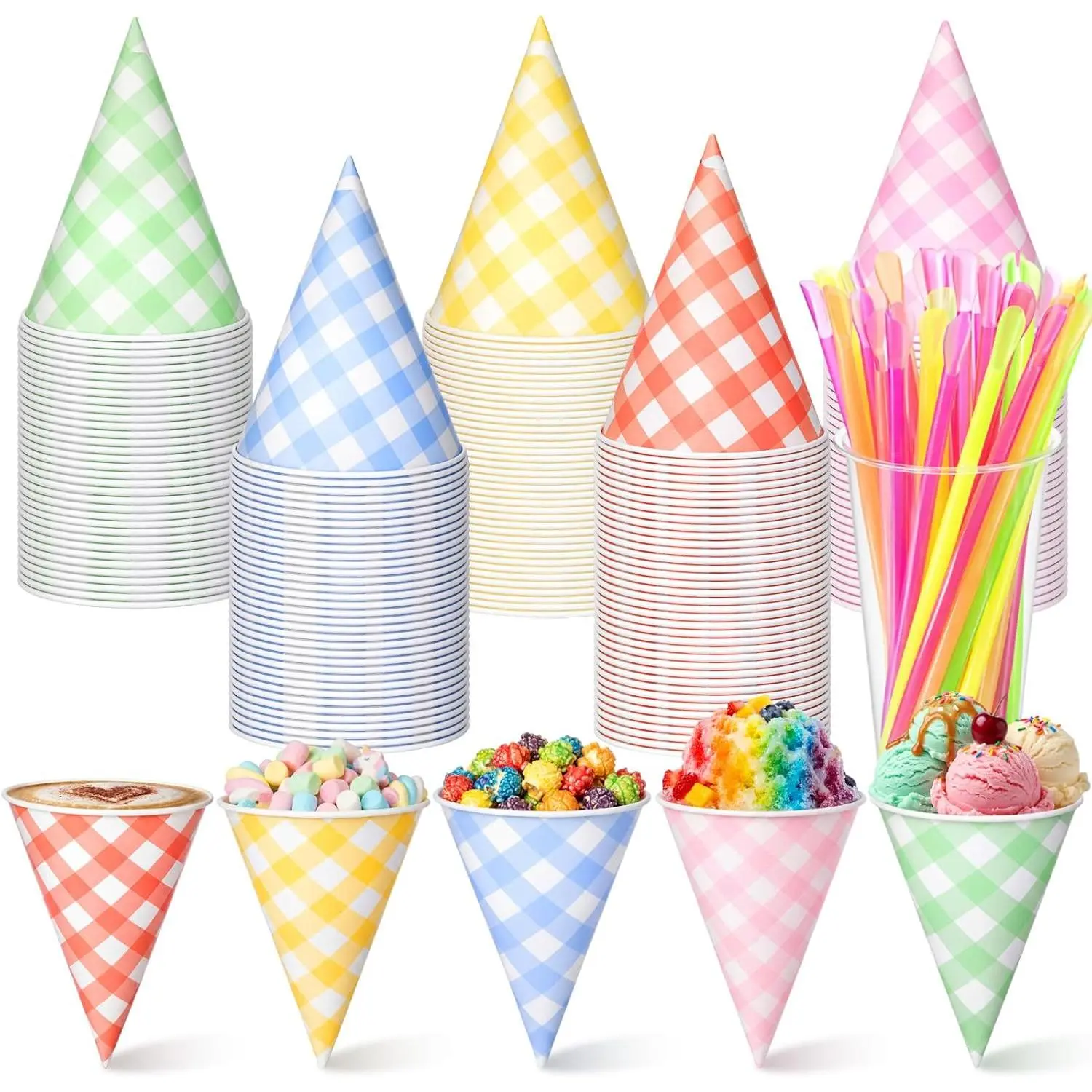 50 count 6 oz Pastel Snow Cone Cups and Spoon Straw Set,Gingham Checkered Paper Cone Cups, Leak-Resistant Shaved Ice Supplies for Summer Carnival, Picnic, Birthday Party, 5 Colors