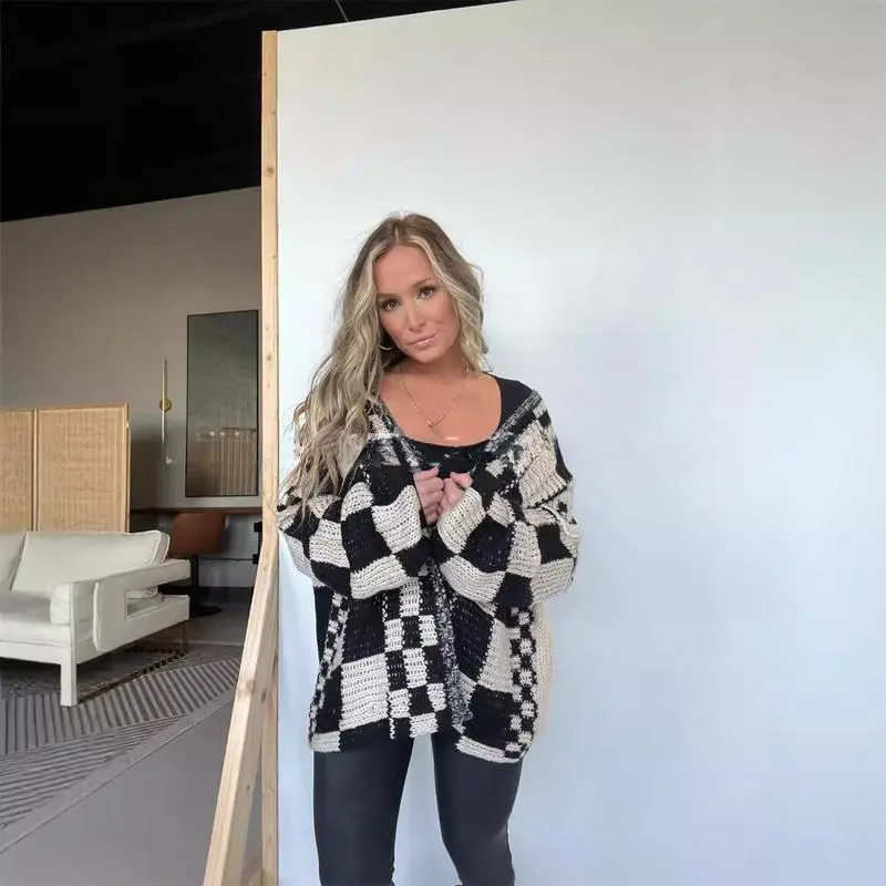 Fashion Women's Casual Plaid Mid-Length Cardigan Knit Sweater Jacket for Daily Wear, Fashion Forward, Classic, Aesthetic, Go To, Trendy, Modern, Holiday Outfit, Nightlife, Vacation Ready, Winter Warm, Summer Vibes