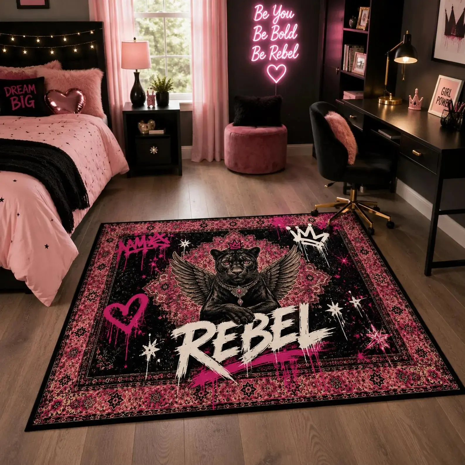 Winged Black Panther Area Rug - Pink Rebel Graffiti Carpet for Gothic Teen Girls' Bedroom, Punk Rock Alternative Household Textile Accent