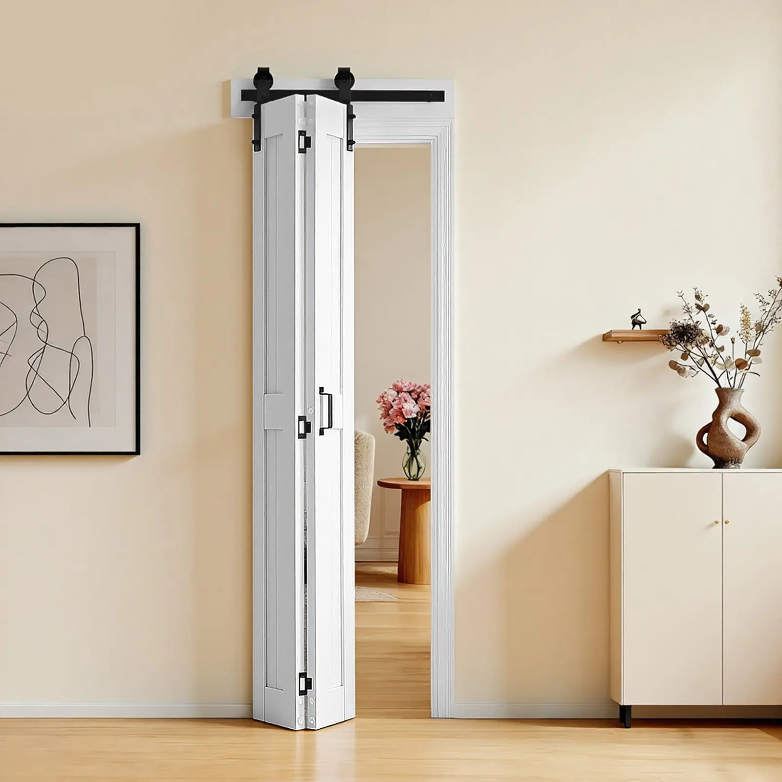 【Summerfinds】VEVOR 24"x84" White MDF 2-Panel Bifold Barn Doors, H-Frame Space-Saving Sliding Closet Doors, Hardware Kit Included, Easy to Assemble, for Bedroom, Wardrobe, Room Divider, Two Panel Doors