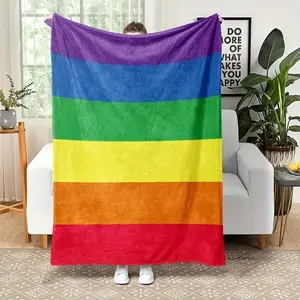 [Comfortable Rainbow Blanket] 1pc All-Season Comfortable Rainbow Striped Print Flannel Blanket | Versatile Polyester Throw