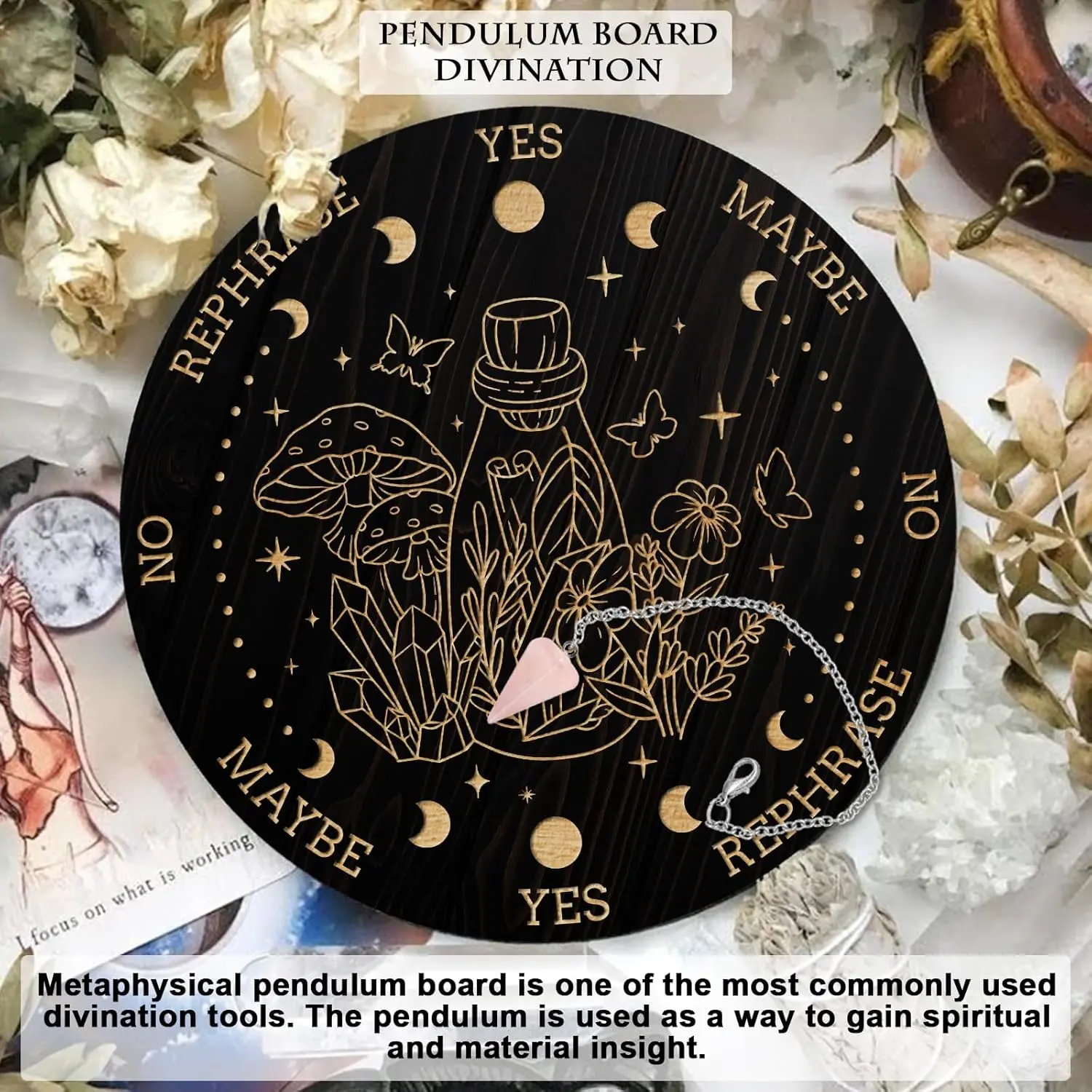 1 set of wooden divination board metaphysical message board, with crystal pendulum necklace, used for witchcraft altar supplies kit, spiritual altar decoration, mystical mysterious room decoration, Success, Health, Intuitive abilities, Spiritual Practices