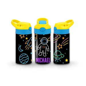 Kids Tumbler/Sippy Cup | Personalized Kids Neon Astronaut Tumbler | Custom Name Water Bottle with Astronaut Design | Fun Gift for Boys & Girls, School, Sports, Everyday Use