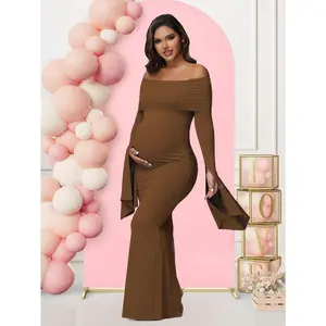 Maternity Long Sleeve Solid Color Off-Shoulder Dress For Baby Shower Photoshoot Party Maxi