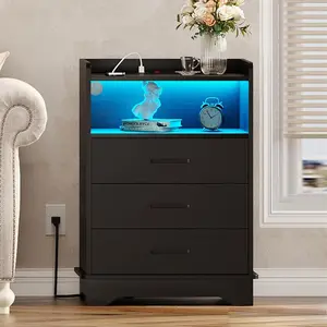 Sikaic LED Nightstand With Charging Station 3 Drawers And Open Storage Black Unique Bedroom Furniture Apothecary Cabinet