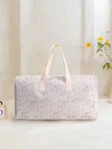 Large Capacity Corduroy Travel Bag Luggage Backpack, Bow Pattern Printed, Casual Yoga Fitness Handbag, Ideal for Short Trips Weekend Outing Daily Commute, Multifunctional Travel Bag, Travel Duffle Bag, Travel Duffel Bag