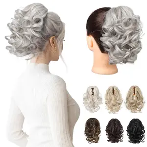 9" Short Ponytail Extension, Classic Loose Curly Wavy Claw Clip Pony tails Hair Extensions HP001 Hairpieces for Women (Silver Grey)