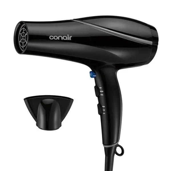 Conair Hair Dryer​ with Concentrator Attachment, Ceramic Technology, Black | 1875W blow dryer with 3 heat and 2 speed settings, 1.25-lb. design, and 5-foot cord for comfortable, custom styling