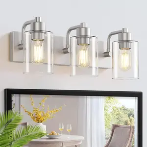 Brushed Nickel Bathroom Light Fixtures, Wall Mounted 3-Light Bathroom Lights Over Mirror with Clear Glass Shade,Wall Sconces for Kitchen Living Room Bedroom