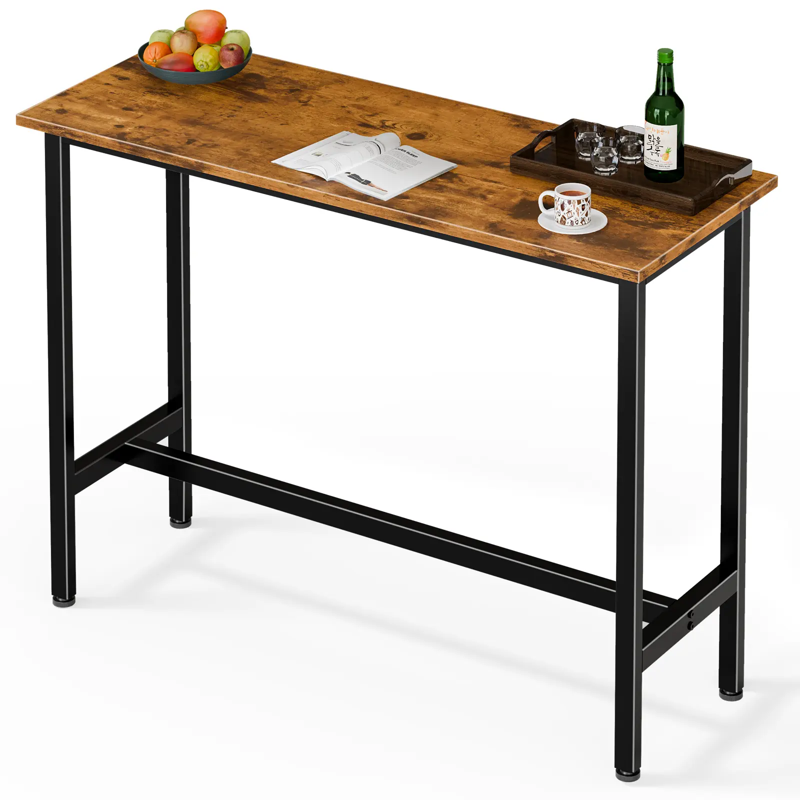 Industrial Bar Table with Foot Rest, Counter Height Long Pub Table with Reinforced Metal Frame, Waterproof Rustic Wood Bar Top with Adjustable Leveling Feet for Home Kitchen Cafe