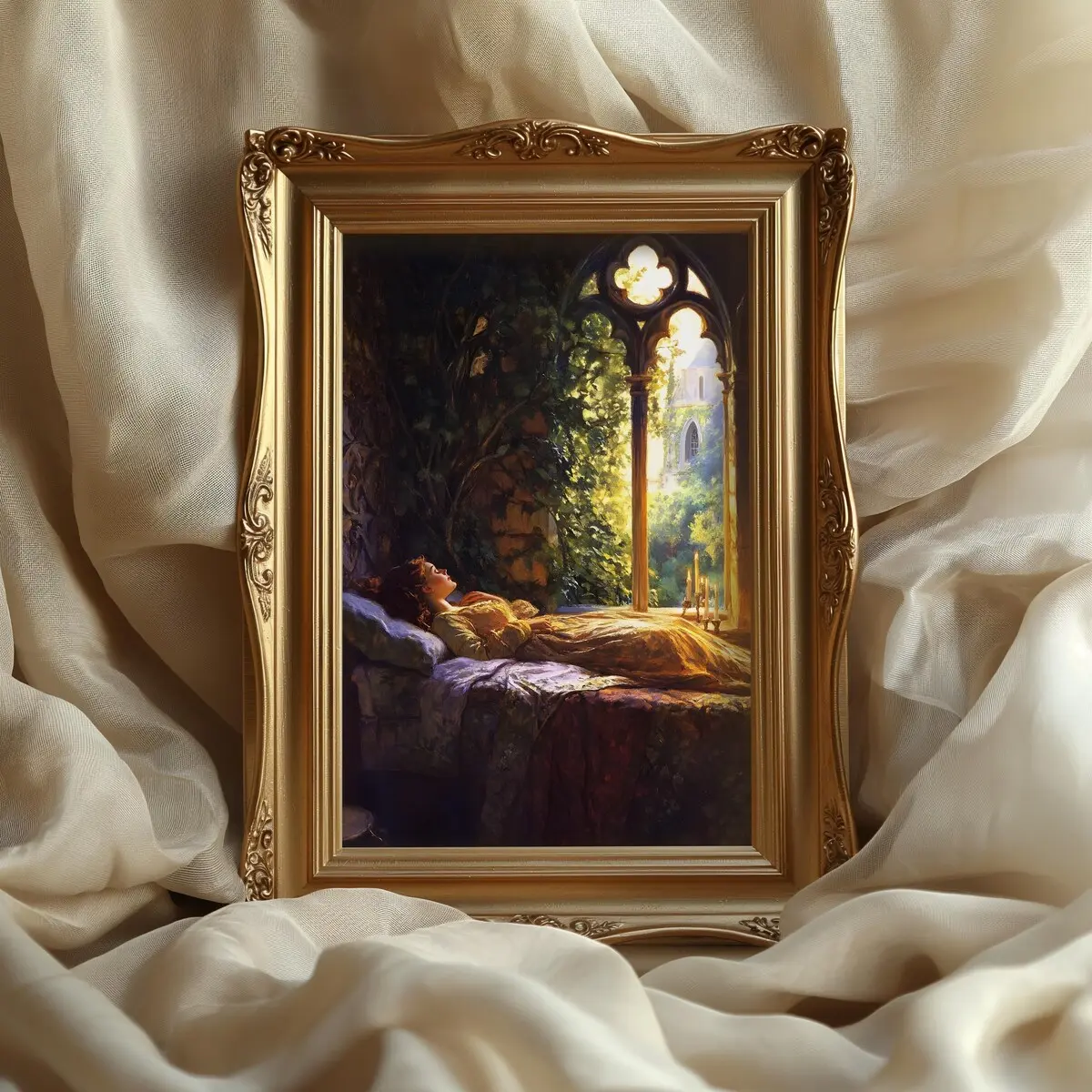 Sleeping Beauty Wall Art, Golden Light Medieval Princess Poster, Romantic Fantasy Decor with Gothic Window Print, 5 Size, 8x12 to 27x40 inch, Room Decor, Unframed