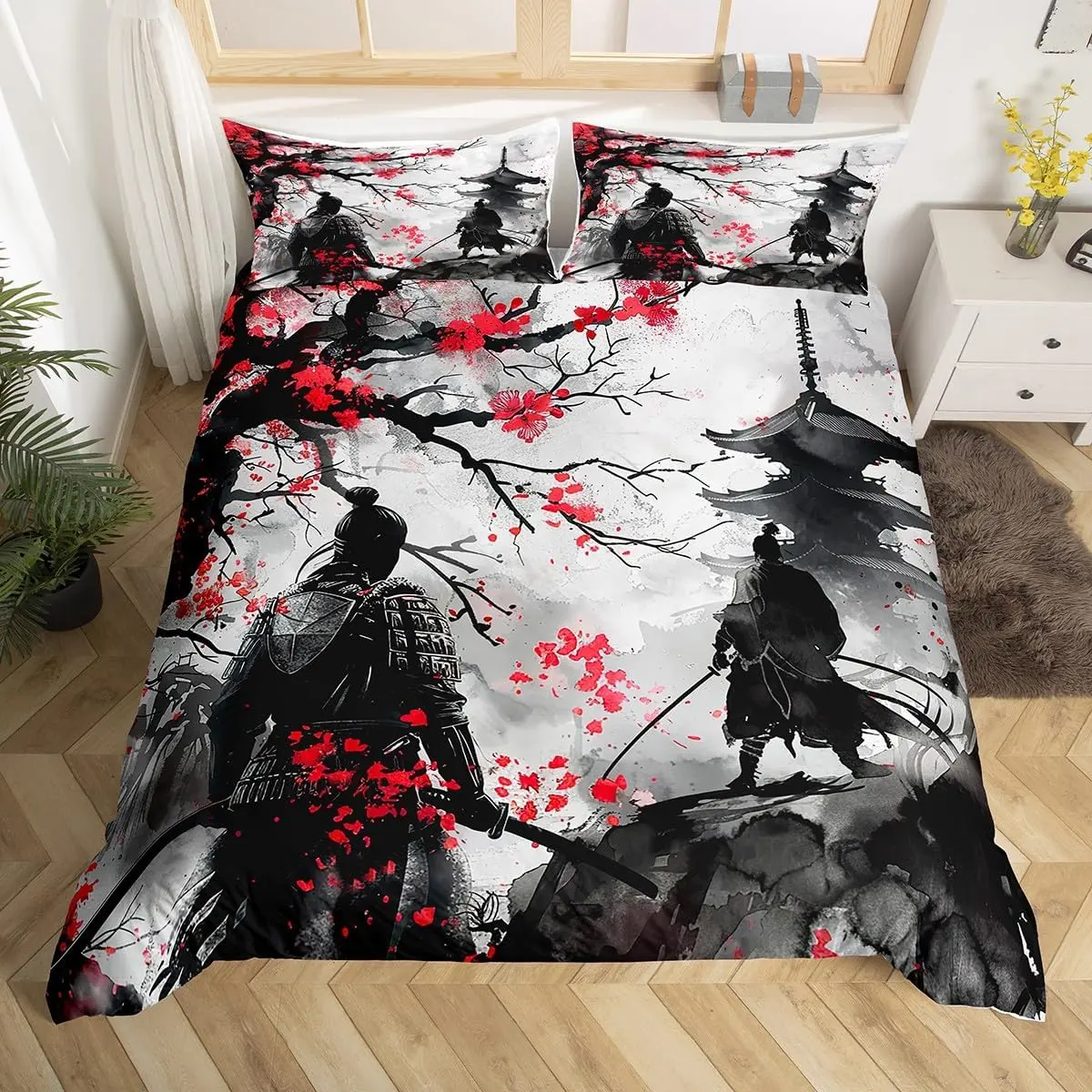 Feelyou Japanese Samurai Ukiyoe Cherry Blossoms Reactive Print Duvet Cover Set - Breathable Microfiber Bedding Set, Machine Washable Bedroom Bedding (No Comforter), Bedroom Bedding Set