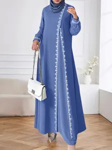 Women's Fashion Long Sleeve Round Neck Solid Color Casual Dress, Elegant Lace Trim Maxi Dress for Daily Wear & Special Occasions, Muslim Evening Dress, Classy Modest Dresses, Muslim Women Gowns