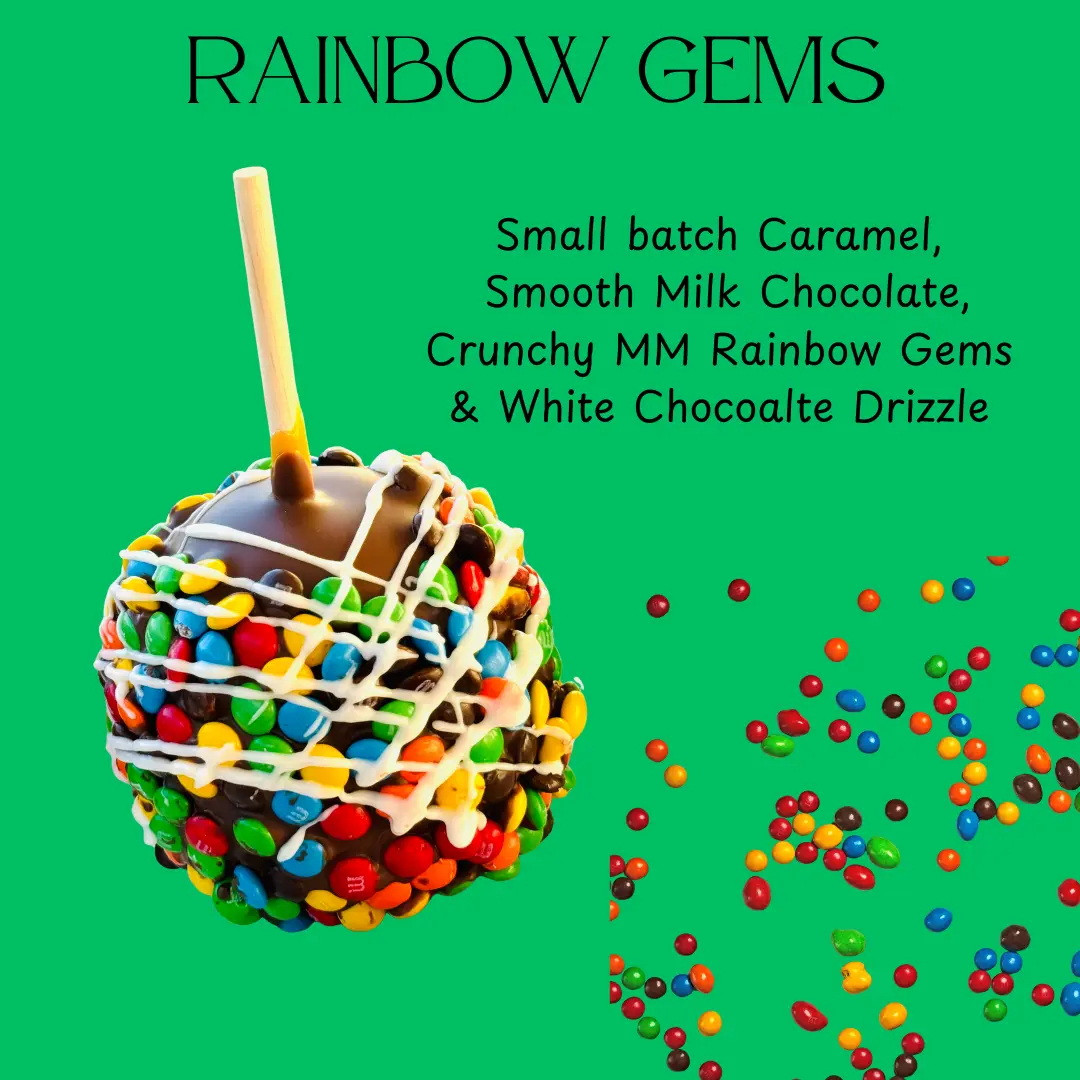 Copperpot Caramel Co Caramel Apple Rainbow Gem MM Candy Large Crisp Granny Smith Apple Handcrafted with Copper Pot Caramel & Chocolate Toppings