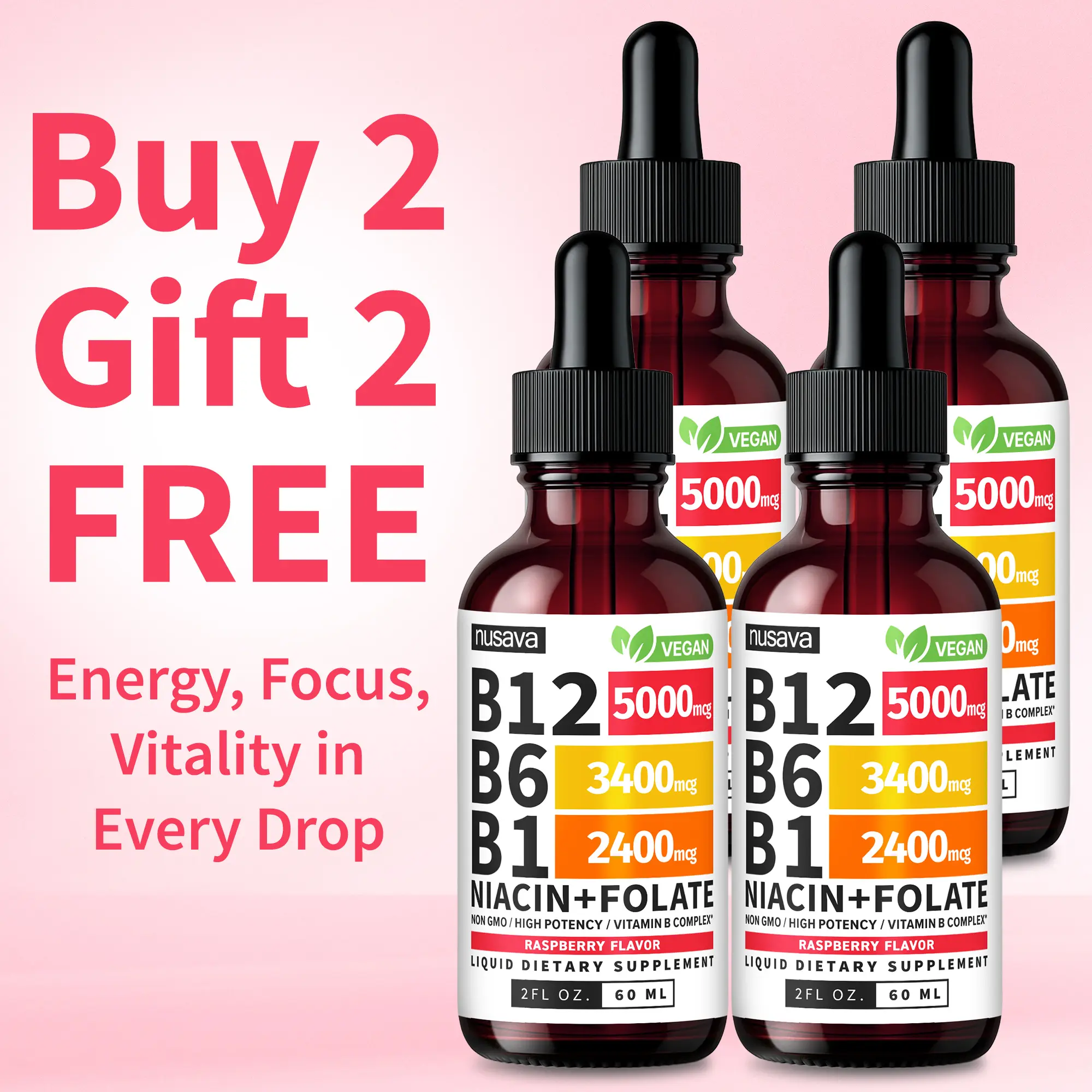 (4-Pack) Vitamin B12 Raspberry, & Strawberry Liquid Edible Supplement Drops with B6, B1, Niacin & Folate for Energy, Brain & Heart - 27,200 mcg per Serving, 4 fl Oz