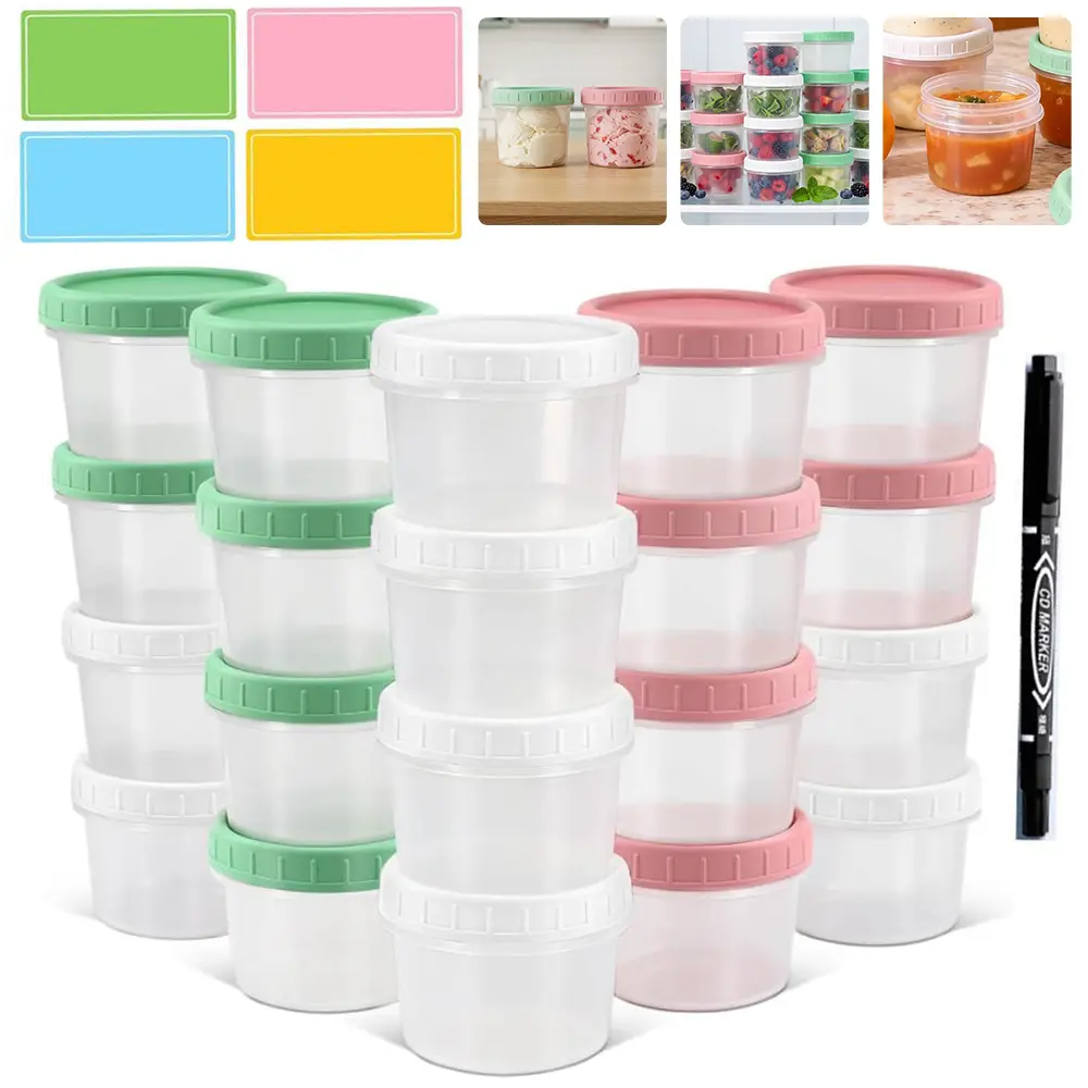 4oz Kitchen Mini Stackable Transparent Plastic Food Storage Jars - 20-Pack with Lids, Marker Pen, Label Stickers for Spices, Snacks