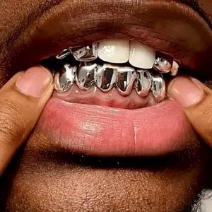Classic Hip-Hop Teeth Decor Set, Unisex Fashion Party Accessories, Upper Dual Polished Lower Six-Teeth Design, Universal Fit, Tooth Gems