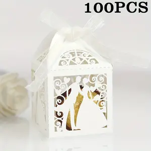 100pcs Hollow Couple Candy Box Chocolate Gift Box Laser Cut Wedding Candy Box White Perfect for Wedding Return Birthday Party Bridal Shower with Ribbon