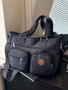 Simple and practical casual and fashionable solid color texture tote bag, with multiple zippered pockets, detachable shoulder straps, large capacity loose style versatile shoulder bag, suitable for daily commuting and shopping