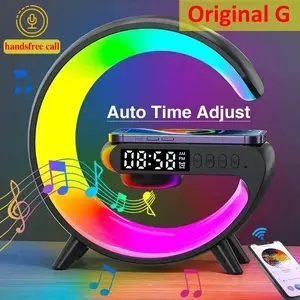 Original G Auto Time Adjust Wireless Charger Pad with RGB Night Light Bluetooth Speaker Handsfree Call 15W Fast Charging Station for iPhone Samsung Cable Clock Android Led Portable Smartphone Cellphone