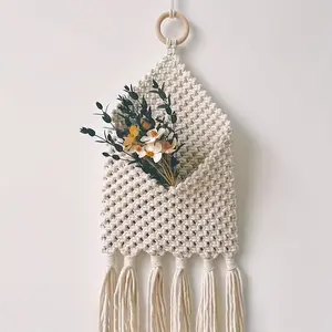Handwoven Wall Hanging Storage Basket, Bohemian Home Decor with Tassels and Floral Accents, Door Organizer for Keys Letters Documents, Boho Floral Design