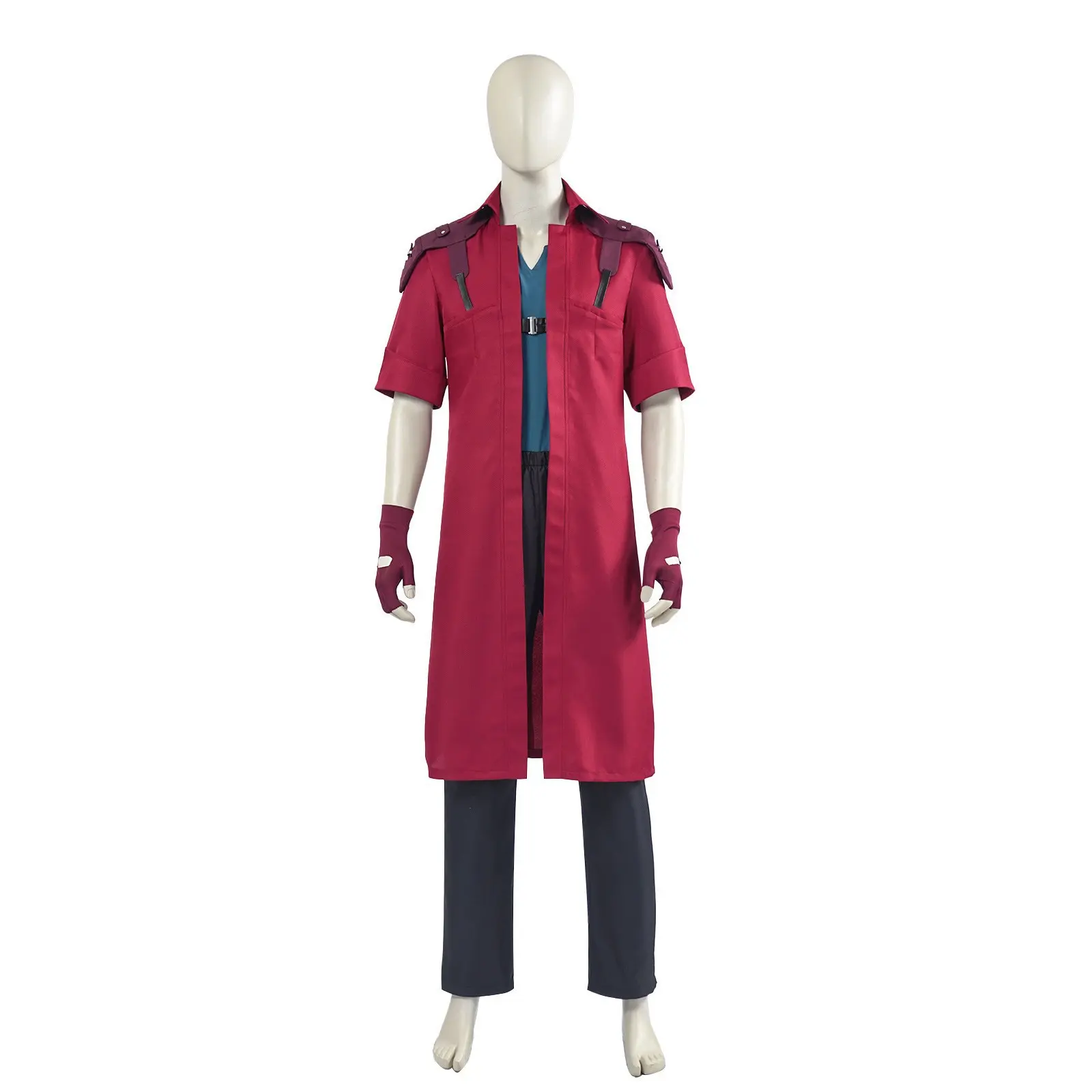Men's Cosplay Costume Set - Menswear Demon Slayer Distressed Style with Faux Leather Harness, Crimson Long Coat, Stretch Flared Pants, Baroque Fabric Inspired by Gothic Baroque Art for Conventions, Stylish, Aesthetic, A974 Dante Coat (Coat + Gloves)