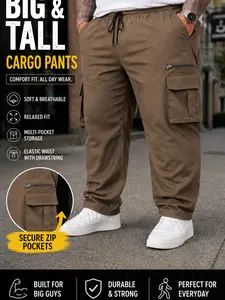 Large Size Men's Plain Straight Leg Cargo Pants, Comfortable Durable Design, Ideal for Daily Wear and Outdoor Activities