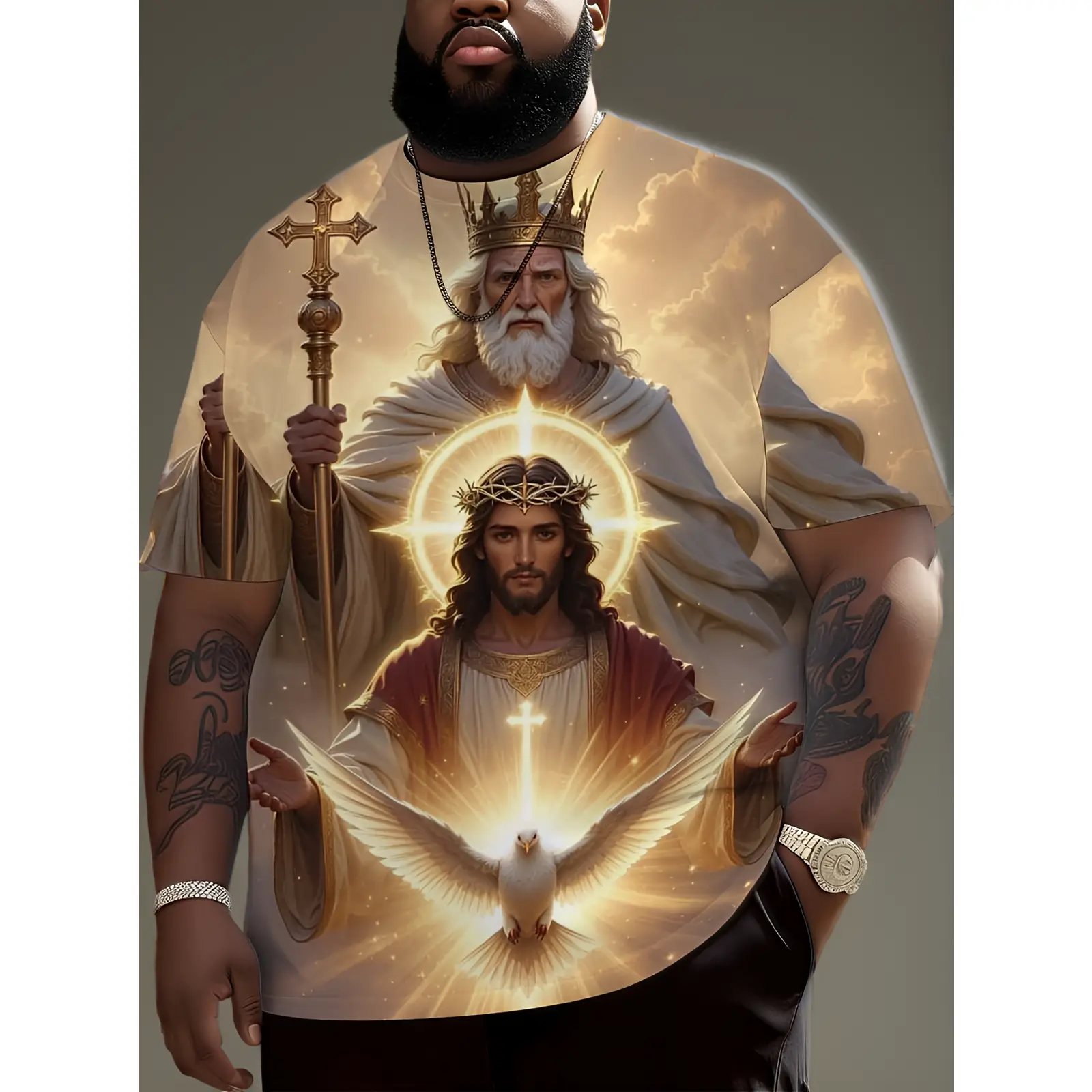 Devout Christian Religious Theme Sports T-Shirt - Golden Jesus Christ, Holy Spirit Pattern, Crown, Cross Design, Drop Shoulder, All Over Print, S-XXXXL, Dry Clean Compatible