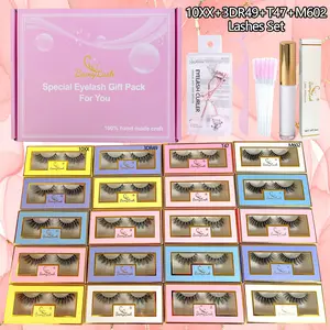 20 Pairs Strip Synthetic Eyelashes with Glue Tweezer Curler and Lash Brushes Pack,4 Different Styles, Fluffy, regular and Russian DD curly style lashes with Gift Box