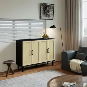 Modern Rattan Sideboard Cabinet with 4 Doors & Adjustable Shelf for Kitchen Buffet Storage Living Room Entryway Black
