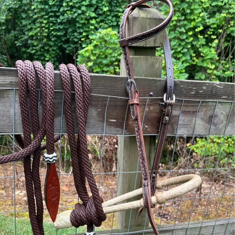 Complete Horse Size Bitless Rawhide Bosal Bridle Nylon Mecate Rein Set