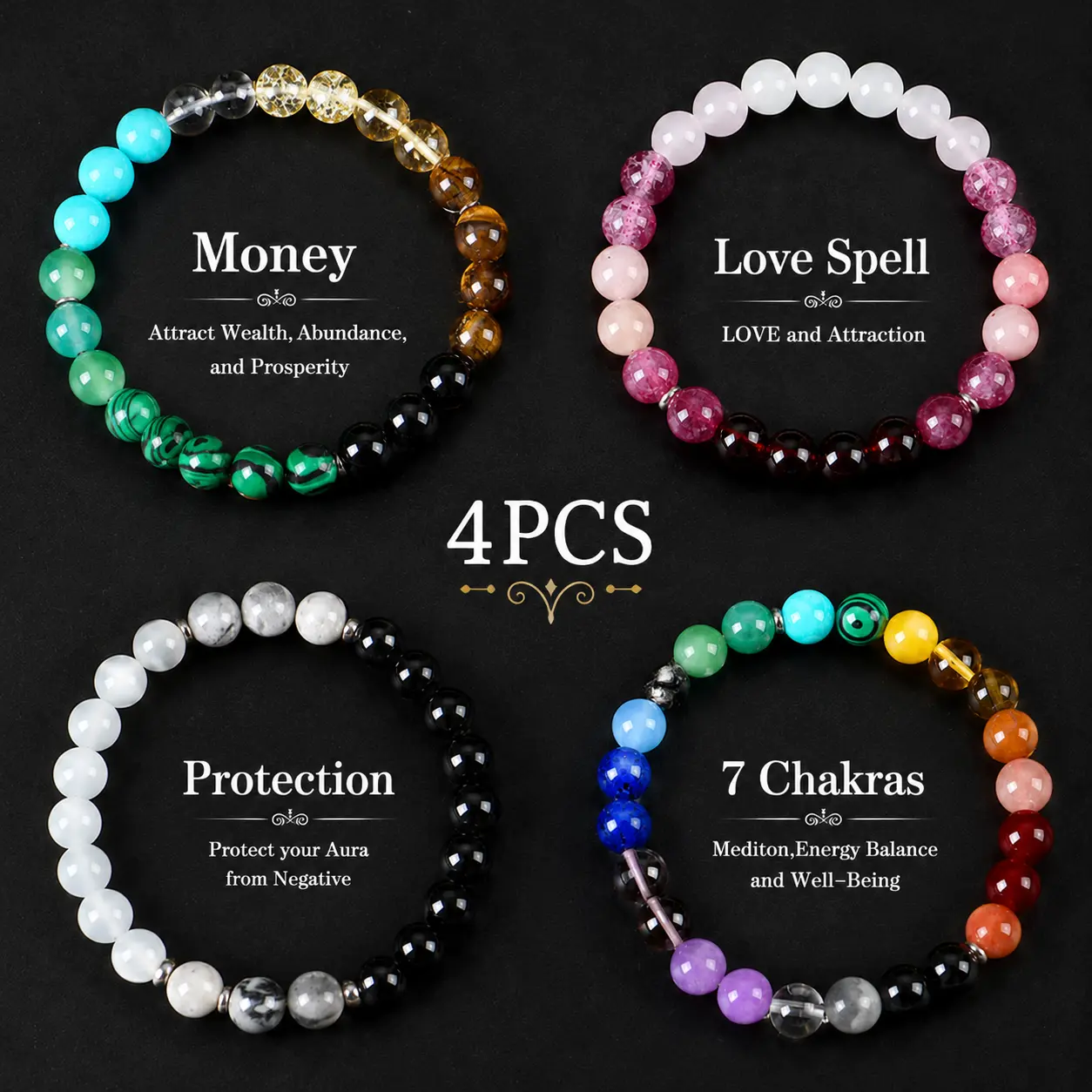 4-Pcs Boho Beaded Bracelet Set for Adults, Unisex Stretch Jewelry with Natural Citrine & Gemstones, Auspicious Gift Idea for Daily Wealth, Malachite, Elastic Band, Vermilion, Couple, 15-20Cm, Arm Candy Accessories, Beading, Stretch Fit, Elegant, Fashion S