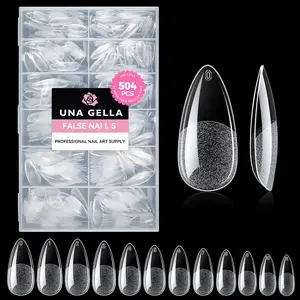 UNA GELLA Pre Etched Clear Soft Acrylic Press On Extensions, 504PCS 12-Size Full Cover Medium Almond Shape, No C-Curve, Gift for DIY Home Nail Art