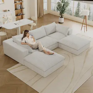 118" Corduroy Modular Sectional Sofa Couch, Oversized 3-Seater Cloud Boneless Couches with Removable Cushion & 2 Ottoman, No Assembly Required, U Shape Deep-Seat Fluffy Couches for Living Room, Compression, Free Combination, Throw Pillow, Luxurious