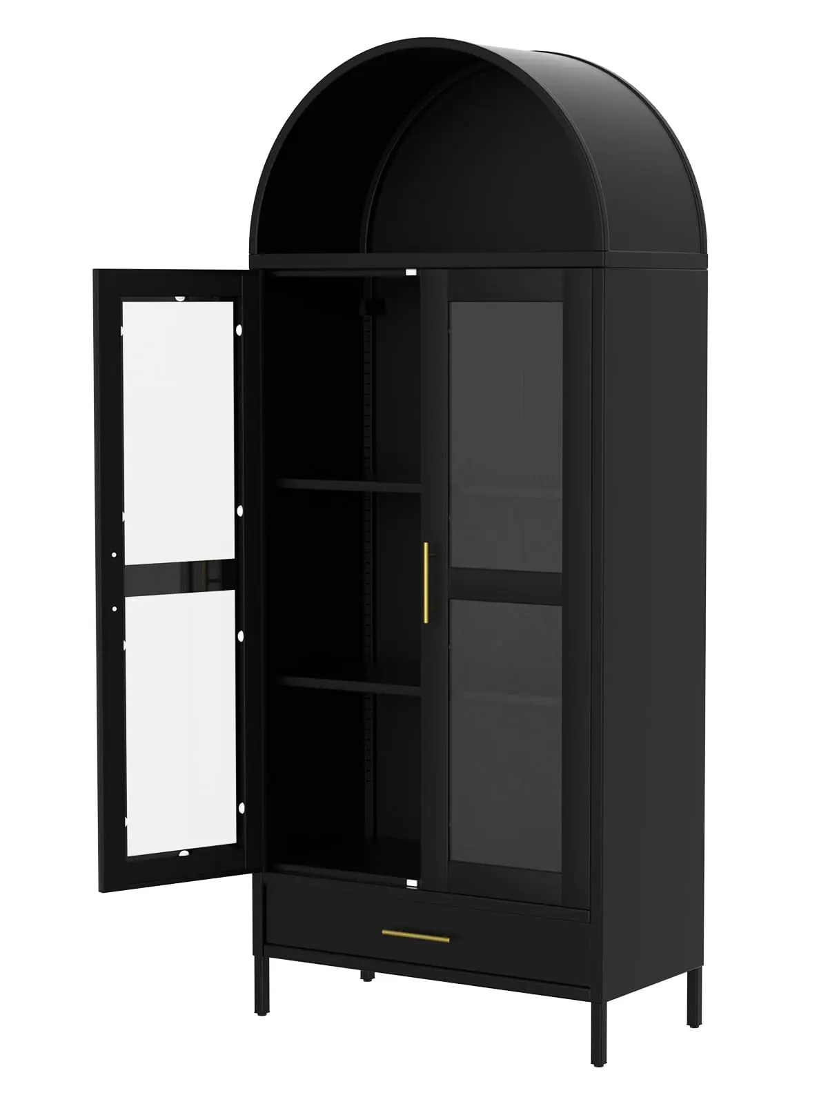 Garvee - 73-inch tall arched metal storage closet with glass doors, freestanding pantry closet with adjustable shelves and drawers, modern decorative shelving