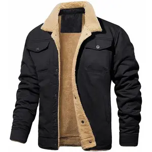 Men's Retro Western Jacket Warm Fleece Coat Work Cargo Trucker Jackets Tops Casual Black Beige Long Sleeve Plain Menswear