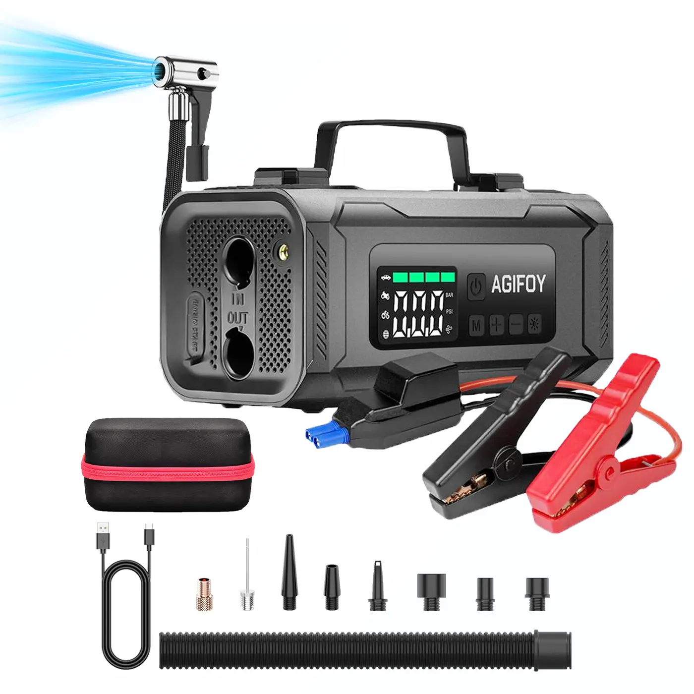 6-in-1 Jump Starter With Air Compressor 2500A Car Battery Starter 150 PSI Portable Jump Starter for All Gas 8.0L Diesel Air Pump LED Flashlight EVA Bag Smart Jump Cable Air Hose Pump Hose