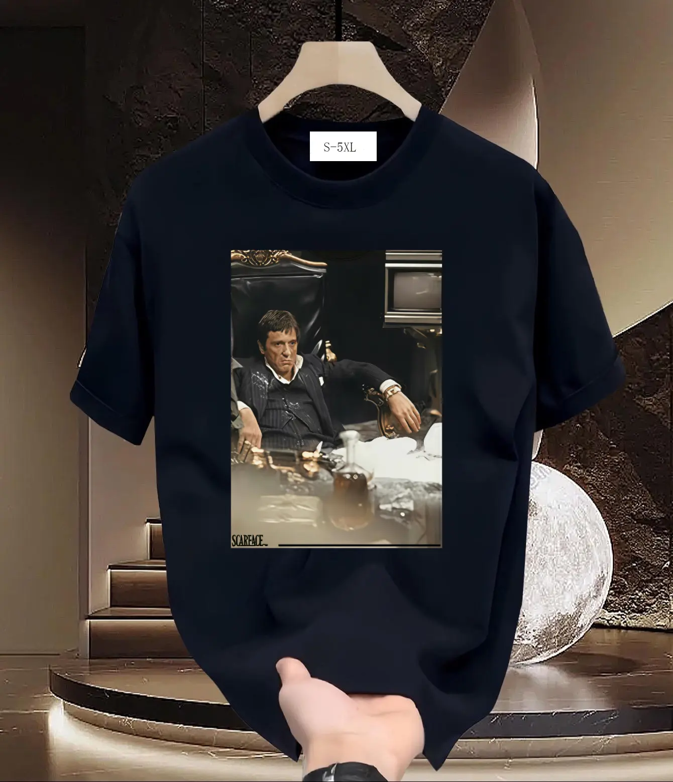 Men's Scarface Inspired Graphic Sports T-Shirt - Short-Sleeve, Round Neck, Tony Montana Throne & Jewelry Print, Seamless Fabric, 3X Faster Sweat Absorption, Wrinkle-Free, Durable, Fitted, Summer Streetwear Top, Quick-Dry, Menswear, Short Sleeve Tee, Sport
