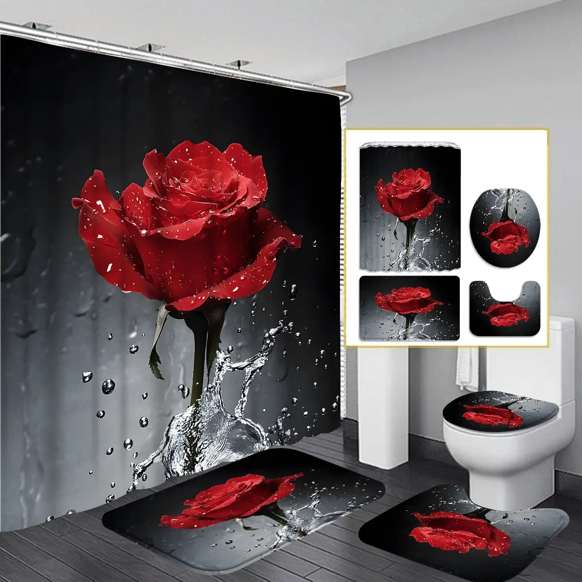 1pc/4pcs 2D Flat Floral Shower Curtain with Red Rose and Water Splash Pattern on Multi-Color Background, Modern Home Bathroom Decoration, Bathroom Shower Curtain Sets, Shower Curtain Set with 12 Hooks, Bathroom Non-Slip Mat, Holiday Decoration