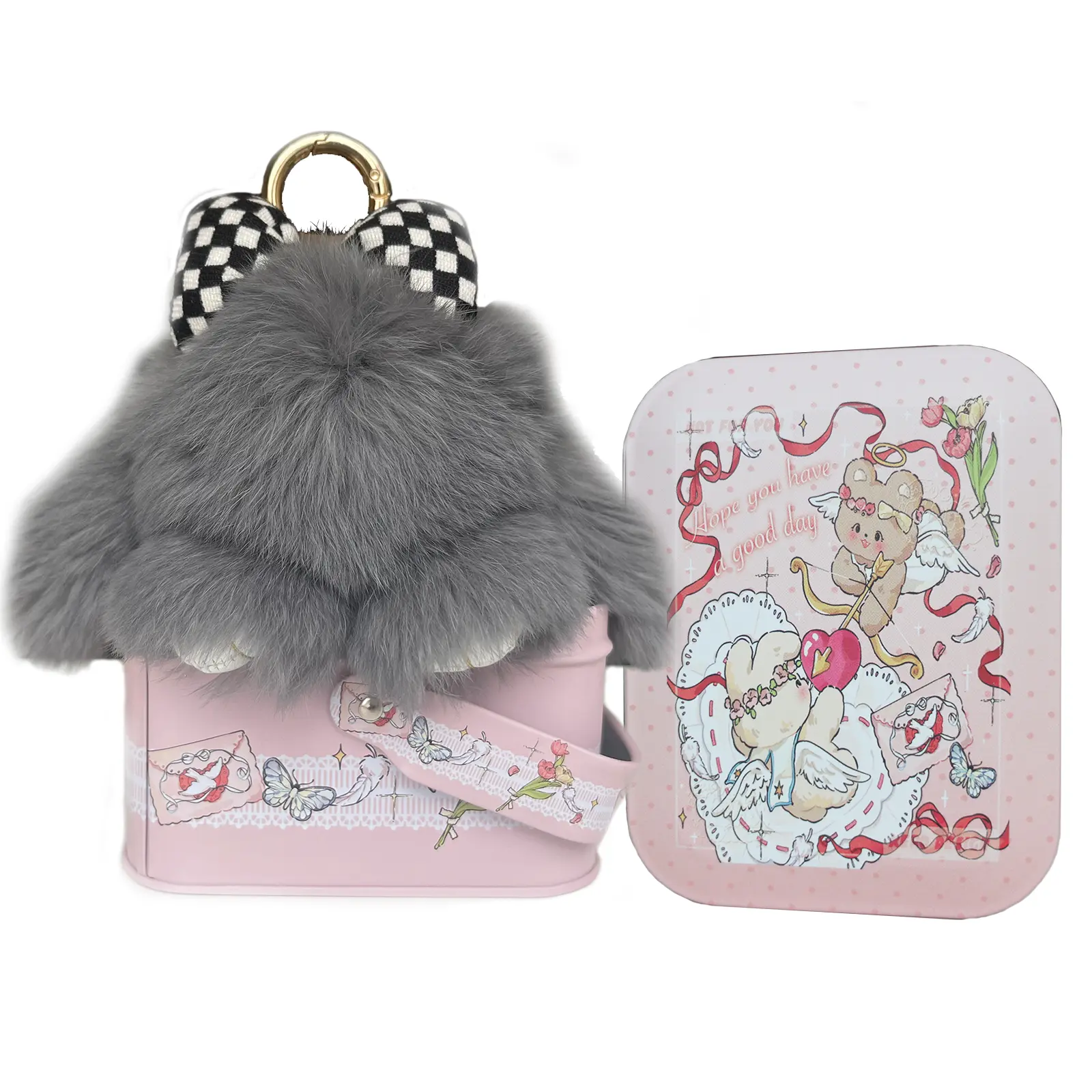 Handmade Fluffy Soft Bunny Keychain with Tin Box, Realistic bunny Plush Keychain Toy, Valentine Birthday Gifts for Children Women