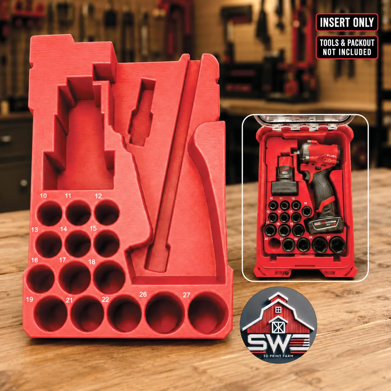 M12 FUEL Stubby 1/2 Impact Wrench 2563-20 & 14PC Socket Set 49-66-7014 Organizer Insert for Milwaukee Packout 48-22-8435 — INSERT ONLY