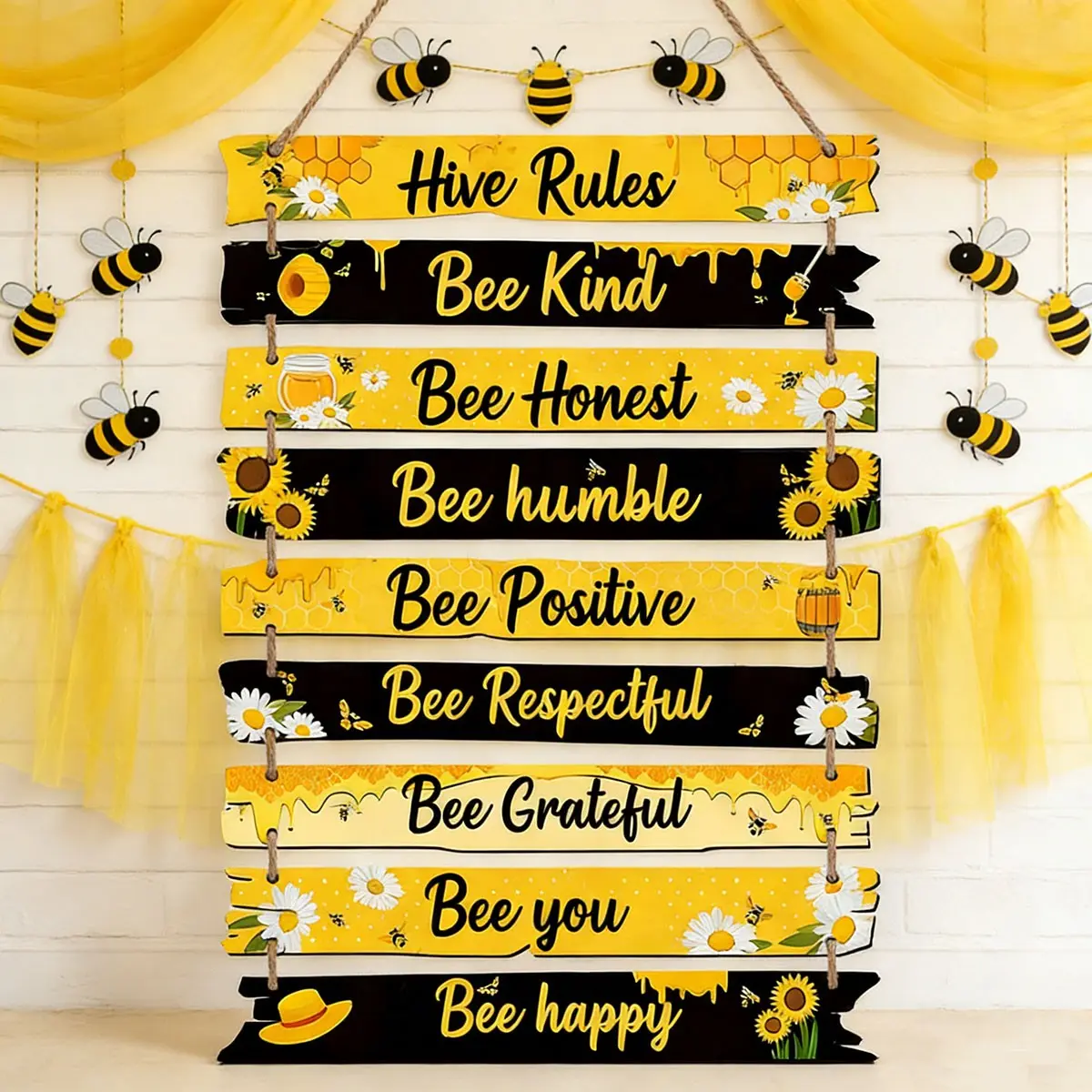 9pcs Bee Decor Sign Hive Rules Decorations Plaque Spring Wall Decor Wooden Decor Daisy Honey Bee Sign 11.8" for Home Spring Daisy Sunflower Decorations for Living Room Office Kitchen Rectangle Design Home Decor Products
